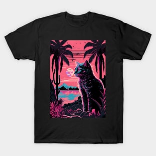 Cat and Nature Retrowave Synthwave T-Shirt